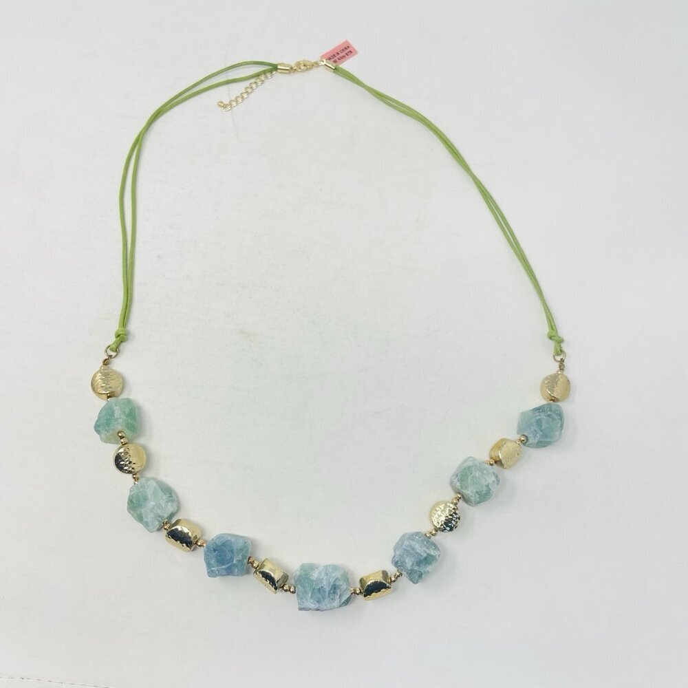 African Fluorite Chroma Goldtone Necklace on Green Cord 34" Long 5033